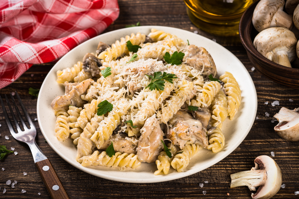 Pasta with Chicken and Mushrooms in Cream Sauce