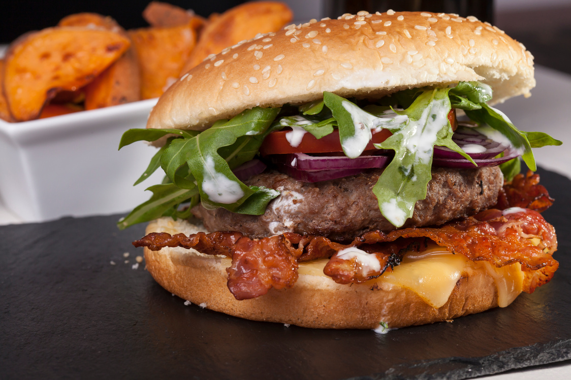 juicy bbq burger  bacon cheese fries