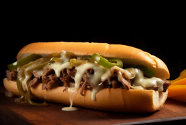 philly cheese steak sandwich with melted mozzarella on table and dark backkround